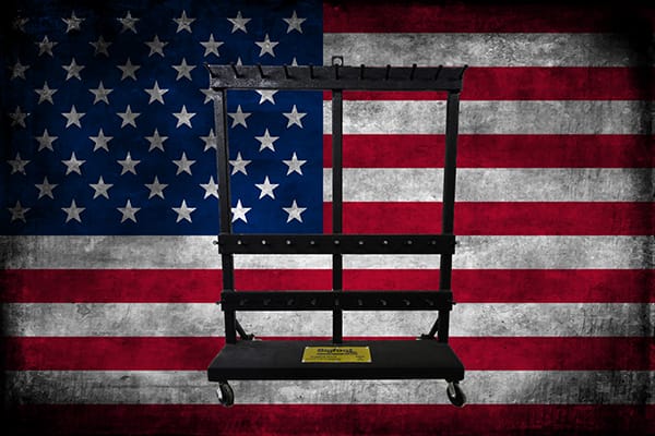 bigfoot black rigging rack with american flag in the background
